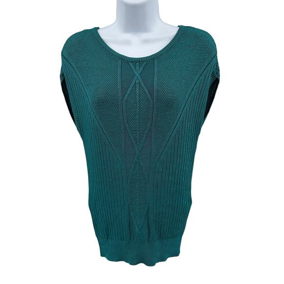 Elie Tahari Pullover Sweater WMNS S Dark Team Textured Ribbed Knit Short Sleeve - Picture 1 of 13